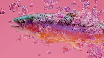 鮮やかな色彩のニジマスのアップ。水中イメージや自然科学の資料に最適な写真。