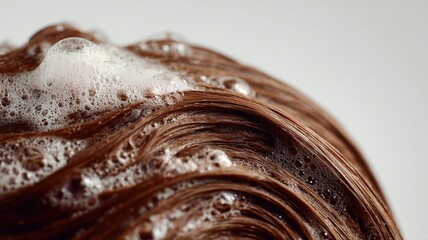 泡立つシャンプーで洗髪中の髪の毛。ヘアケアや美容関連のイメージ素材。