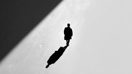 影が長く伸びる一人の人物のシルエット。孤独や影の表現に適したモノクロ写真素材。