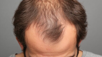 薄くなった男性の頭頂部の髪の毛。育毛や薄毛対策のイメージ素材。