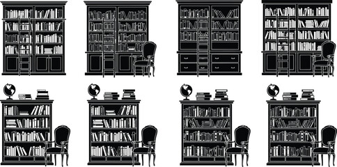 Black silhouette collection of classic library bookshelves and home offices with globes chairs and ladders isolated on white background. © Atik