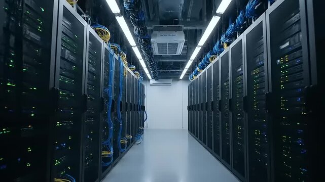 Data Center Server Room Corridor with Cables.