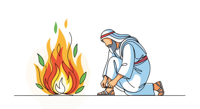 Scene from the Bible with Moses kneeling before burning bush surrounded by vibrant flames and leaves. Old Testament depiction shows Moses in prayerful posture near divine fire.