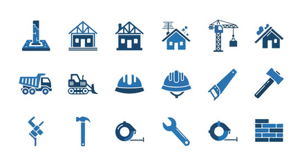 A comprehensive set of blue and dark blue icons representing various aspects of construction, including buildings, machinery, tools, and materials. © Rayi