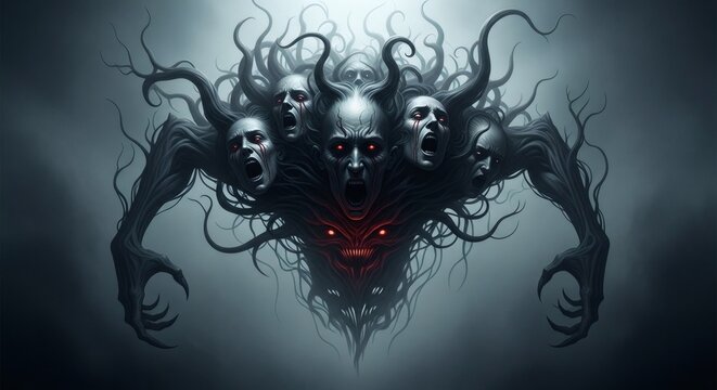Eerie spectral being with multiple grotesque faces and glowing crimson eyes, its shadowy tendrils and monstrous claws creating a chilling vision of surreal horror