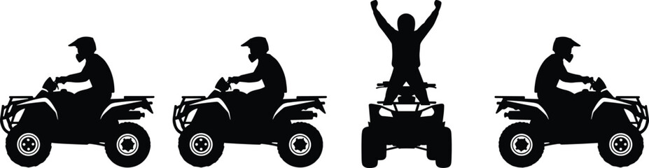 Vector set of black ATV quad bike silhouettes with riders in various action poses and celebration isolated on white © Sabbir's World
