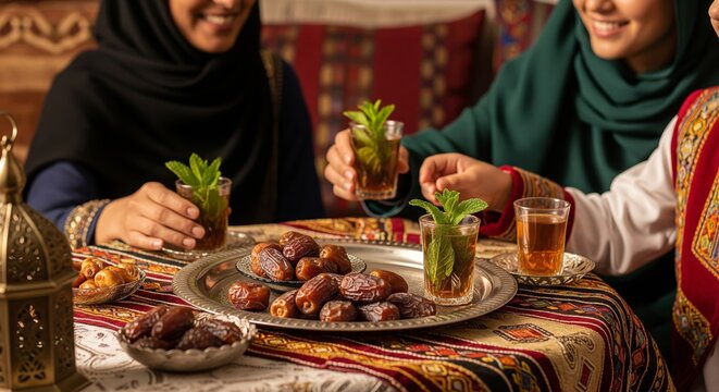 Three Women Sharing Dates and Mint Tea in Middle Eastern Setting