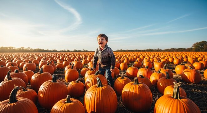 Excited Boy Standing in a Large Orange Pumpkin Patch Under Blue Sky