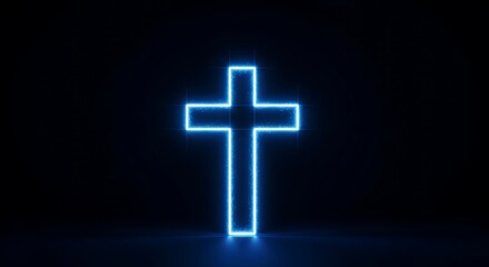 Obraz premium Neon blue cross symbol glowing against a dark background for religious concepts