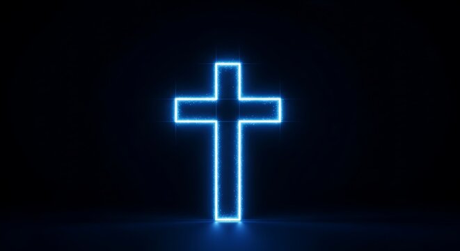 Neon blue cross symbol glowing against a dark background for religious concepts
