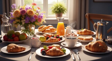 Fototapeta premium Breakfast Table with Croissants Fresh Berries and Flowers Still Life