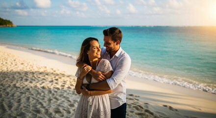 Fototapeta premium Affectionate Couple Embracing on Sandy Beach with Blue Ocean Backdrop