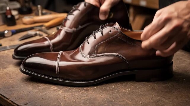 Medium shot capturing careful examination of glue lines and surface flaws on polished shoe surfaces highlighting meticulous craftsmanship and defect prevention.