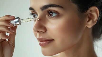 Fototapeta premium A woman with dark hair carefully applies a golden serum drop from a glass pipette to her cheek.