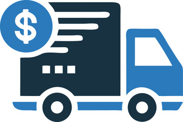 Blue delivery truck carrying dollar sign indicates payment and financial logistics solutions here