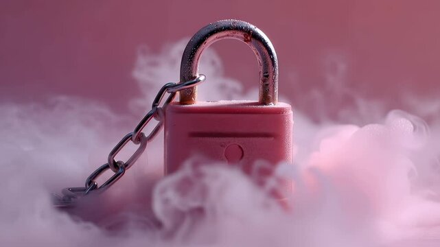 A conceptual and moody photograph of a glistening pink padlock secured with a metal chain, enveloped in ethereal white smoke and vapor against a soft pink background to represent security and mystery