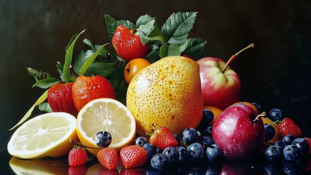 A lush and colorful still-life arrangement featuring a variety of fresh fruits, including a large yellow pomelo, red apples, strawberries, and blueberries