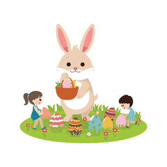 Happy Easter Sunday Bunny and Colorful Egg Hunt Vector Illustration
