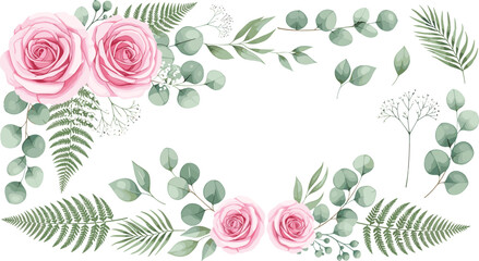 Elegant watercolor floral frame with pink roses, eucalyptus leaves and fern branches, botanical border decoration for wedding invitation and greeting cards © MdRazaul