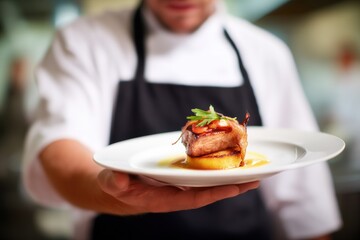 Chef presenting a gourmet meat dish on a white plate in a professional restaurant kitchen.
