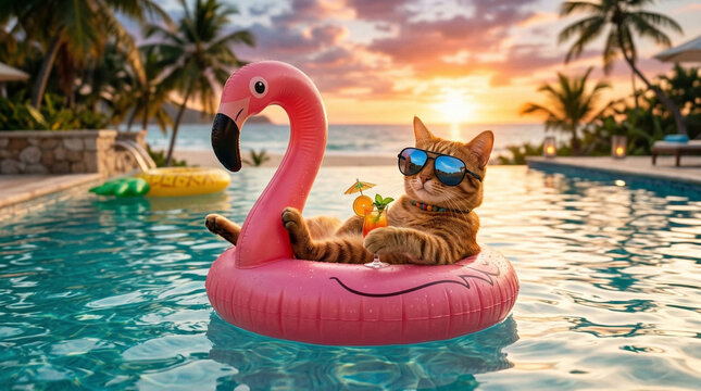 A cool cat lounges in a pool float with sunglasses and a drink, embodying summer vibes and relaxation