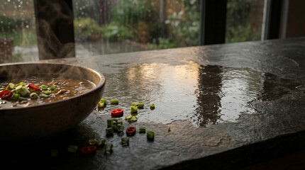 Obraz premium Rainy day scene with a bowl of salad on a wet table near a window overlooking the garden outside