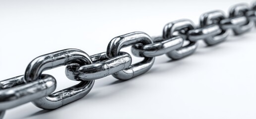 Obraz premium Close-up metallic chain links on a clean white background, extending into the distance