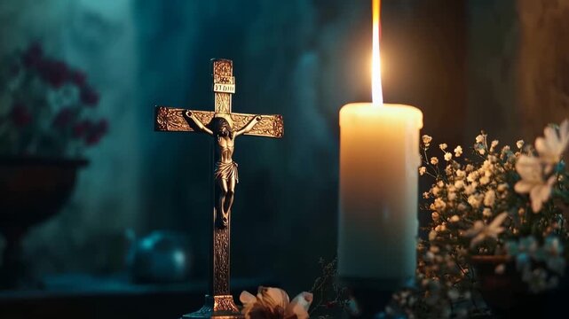 A solemn and atmospheric still-life photograph featuring a bronze crucifix of Jesus Christ positioned beside a glowing white candle and delicate white flowers in a moody, dimly lit setting