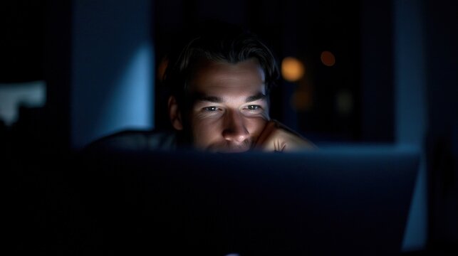 Young man using a laptop late at night, face lit by screen glow in a dark room.