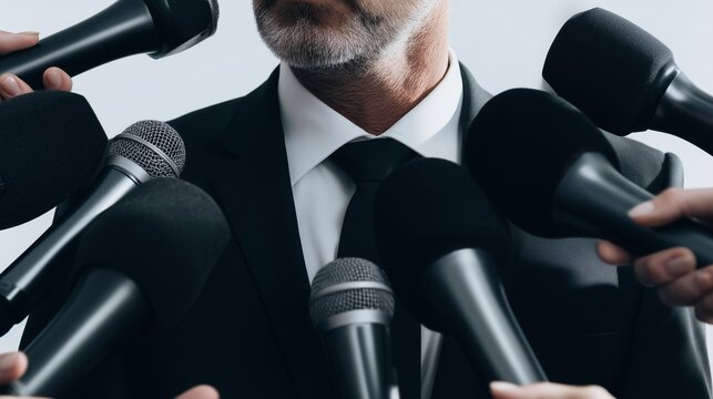 Man in suit at press conference surrounded by microphones