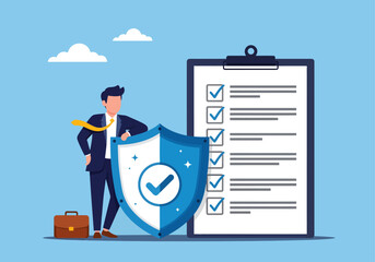 A confident businessman in a dark suit stands next to a giant blue shield and a completed checklist on a massive clipboard, symbolizing ultimate corporate security, compliance, and guaranteed success © Skyframe