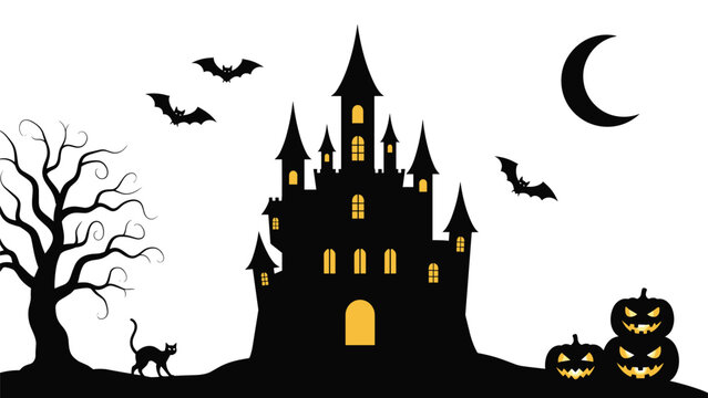 Spooky silhouette of a haunted castle with glowing yellow windows featuring bats, a bare tree, a cat, and jack-o-lanterns for Halloween.