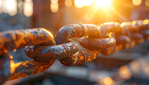 A rusty metal chain glows in sunset light, displaying texture and strength