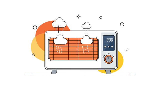 Electric toaster oven with glowing heating elements and cloud icons above it representing the concept of drying damp items or heating.
