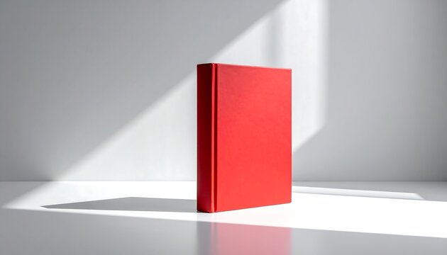 A solid red book stands on a white surface, bathed in a shaft of sunlight