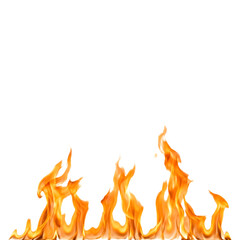 Realistic burning flames border for bottom frame design with hot orange fire and yellow glowing sparks isolated on transparent background surface