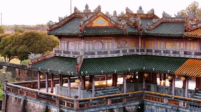 Imperial city of hue aerial view showing the forbidden purple city and ancient royal palaces in vietnam. Unesco world heritage site landmark