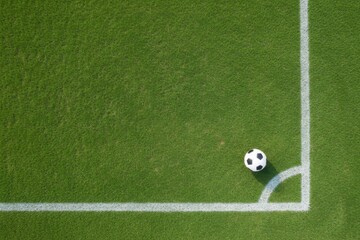 Obraz premium Soccer ball near corner line on green field, top view