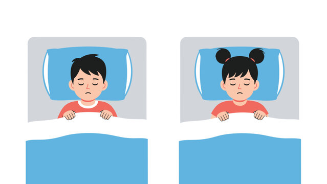 Boy and girl sleeping peacefully in their separate beds, illustrating healthy sleep habits for children and adequate rest for kids growth.