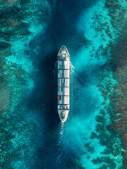aerial view of a lone cargo ship in the center of a vast, calm turquoise ocean. The water is crystal clear, showing subtle variations in depth and light. The ship is loaded with grey and white 