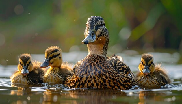 A mother duck swims with three small yellow ducklings in calm water, bokeh background