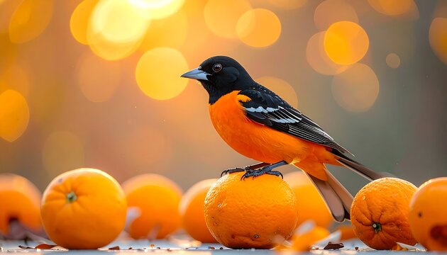A Baltimore oriole perched on an orange among others, set against a bokeh-lit autumnal background