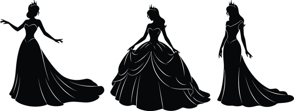 Elegant black silhouette of princess with crown wearing luxury ball gown for fairy tale wedding and royal fashion vector design.