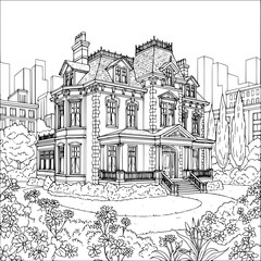 Obraz premium Vintage pencil drawing of a travel-inspired Paris landscape featuring a vector sketch of old town architecture with a historic church tower and cathedral street design