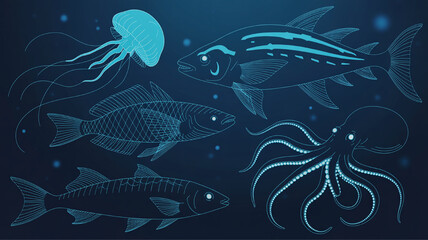 Collection of marine life illustrations including jellyfish octopus and fish in a minimalist x-ray style for oceanography or science concepts © Tanzeel