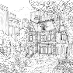 Obraz premium Vintage vector illustration of a medieval old town sketch featuring historic European architecture with a cathedral tower and castle buildings on a scenic street