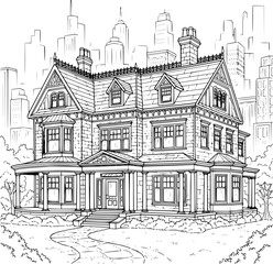 Obraz premium Vintage black and white vector illustration of a sketch of the old town of London featuring historic architecture and a cathedral in a European city landscape