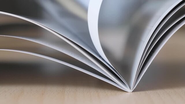 Close up of a magazine resting on a wooden desk, focused on the edge as pages are slowly turned in soft bright light, capturing a calm browsing moment.