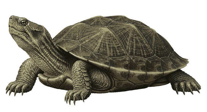 Large snapping turtle side view with detailed shell and scaly skin on white background