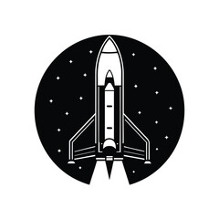 Obraz premium Space shuttle launching into a starry night sky within a circular frame, vector art.